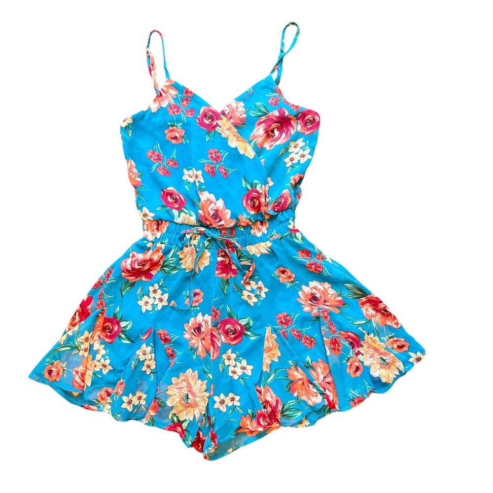 Coquette Teal Floral Romper Tropical Bright Summer Fun Coastal Resort Vacation S